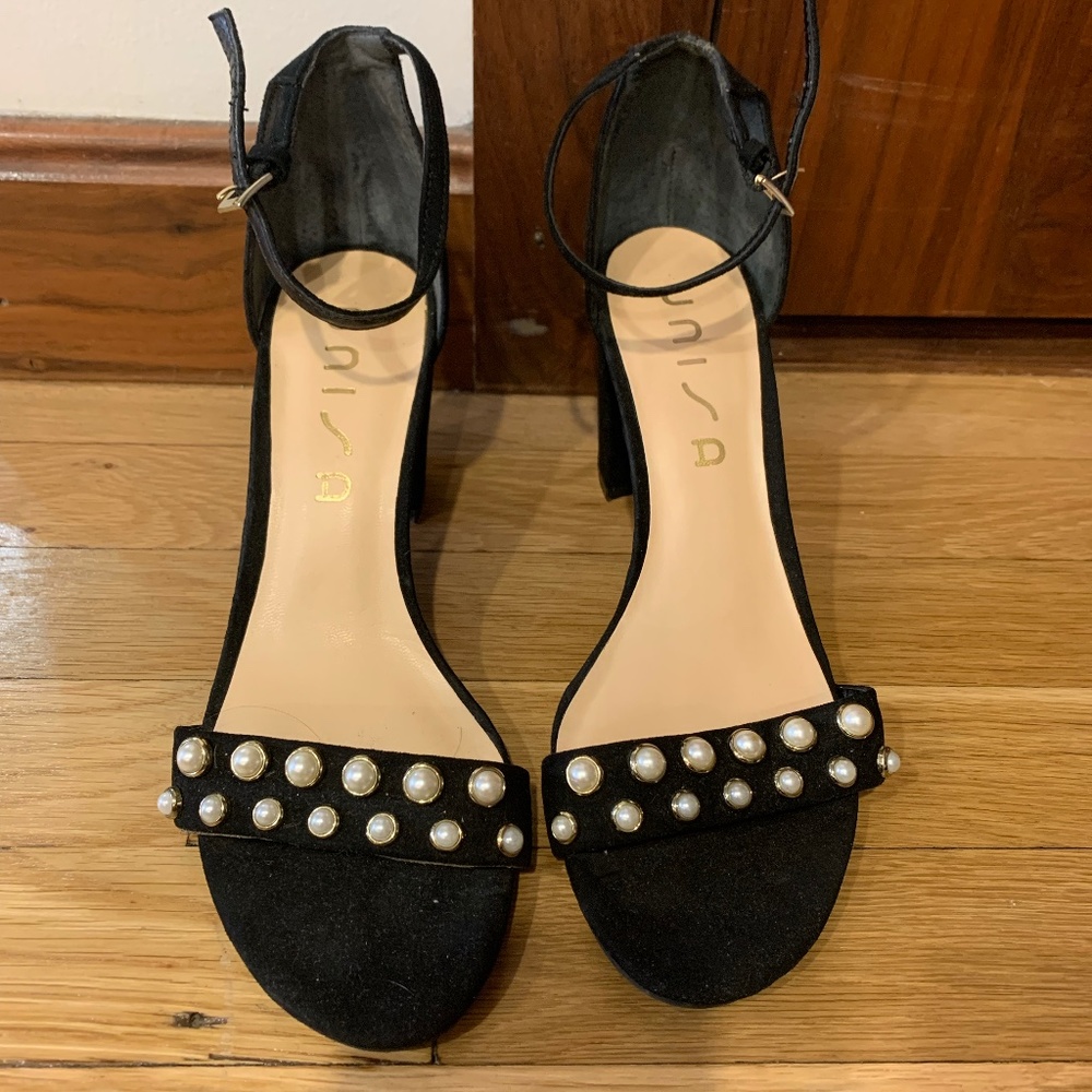 Unisa Black Suede Block Heel Sandals With Pearl Detailing